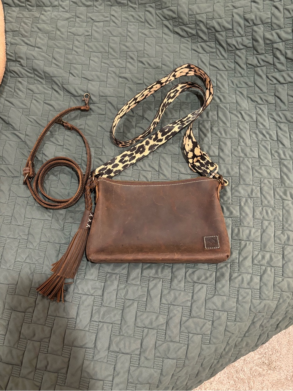 Oak River Company Brown Leather Crossbody Bag with Patterned Strap and Tassel